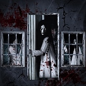 Halloween Door Covers Black And White Female Ghost Horror Door Tapestry Curtain Creepy Scary Door Banner For Front Door Haunted House Indoor Outdoor Party Decoration3