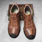 baratos Botas de cano curto-Botas masculinas de couro sintético genuíno marrom para caminhadas ao ar livre com sola antiderrapante – calçado casual para viagem e aventura