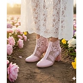 Women's Pink Lace Ankle Boots with Rhinestones Cute Floral Design Comfortable Dressy Shoes 12