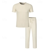 ieftine Seturi de tricouri de bază pentru bărbați-Bărbați Costume de tricou Seturi de cămașă și pantaloni tinute 2 piese Manșon scurt Crewneck Vară Primăvară Simplu Modă Casual Jacquard 2 bucăți Vacanță Purtare Zilnică Ieșire Negru Alb Kaki Top