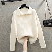 preiswerte Einfarbige Farben-Damen Pullover Mode Basic Lässig Einfarbig Gerippt Halber Reißverschluss Reißverschluss Gestrickt Langarm Normale Oberteile Stricken Outdoor Täglich Wochenende Beige Herbst Winter