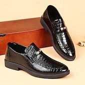 cheap Loafers-Men's Black Crocodile Pattern Loafers – Faux Leather Slip-On Dress Shoes with Glossy Finish, Elegant Business and Formal Party Footwear