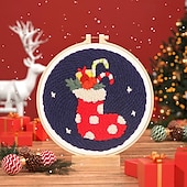 preiswerte Sammlerstücke-Weihnachtsstickerei-Sets, DIY-Stanznadel-Starterset, handgefertigtes Handarbeitsset für Anfänger, Stoffmaterialpaket mit Feiertagsmotiv, handgefertigtes Kunsthandwerkszubehör für
