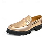 economico Mocassini-Mocassini da uomo dorati trapuntati, scarpe eleganti slip-on con dettaglio in metallo e suola spessa, calzature formali per matrimoni, banchetti, feste, balli di fine anno, spettacoli teatrali e occasioni serali di grande impatto.