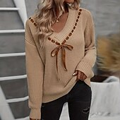 preiswerte Einfarbige Farben-Damen Pullover Mode Weich Einfarbig Gerippt V Ausschnitt Gestrickt Langarm Normale Oberteile Stricken Täglich Ferien Ausgehen Khaki Herbst Winter