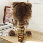 お買い得  暖房と冷房-冬用のかわいいアライグマのぬいぐるみ帽子、耳あて付きの暖かいトラッパーハット、子供と大人用のフェイクアライグマの毛皮のウシャンカアビエイターハット
