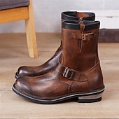 abordables Botas de cuero de primera calidad-Botas de cuero marrón de media pantorrilla para hombre: calzado retro de motociclismo de piel de vaca auténtica con correa de hebilla para estilo motero y uso informal al aire libre.