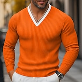 preiswerte Geripptes Strick-T-Shirt-Herren T Shirt Muskelshirt Geripptes Strick-T-Shirt T-Shirt Langarm V Ausschnitt Frühling Herbst Winter Einfach Grubenstreifen Mode Designer Basic Stricken Urlaub Straße Lässig Schwarz Blau Purpur