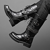 cheap Biker Boots-Men's Punk Gothic Combat Boots – Black Lace-Up Mid-Calf Boots with Buckle Straps, Spiked Studs, and Heavy Duty Sole for Halloween, Cosplay and Nightlife Parties