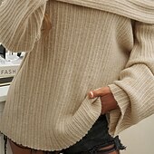 abordables Couleurs unies-Femmes Pull Mode Streetwear Occasionnel Couleur Unie Côtelé Épaules Dénudées Tricoté manche longue Hauts Réguliers Tricoter Extérieur Quotidien Week-end Beige Automne Hiver