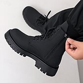 Svarte herrestøvler med snøring og glidelås på siden til kamp, slitesterkt kunstskinn, militærinspirert stil for utendørs-, arbeids- og streetwear-mote billige Arbeidsstøvler-Svarte herrestøvler med snøring og glidelås på siden til kamp, slitesterkt kunstskinn, militærinspirert stil for utendørs-, arbeids- og streetwear-mote
