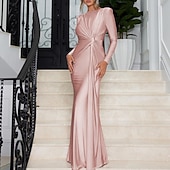 abordables Robe de cocktail-Femmes Robe Longue Maxi Robe Robe de Bal Robe de Soirée Robe en Satin Élégant Moderne Soirée Occasion Spéciale Coupe régulière Uni manche longue Col ras du cou Noir Rose Claire Rouge Bleu Roi Automne