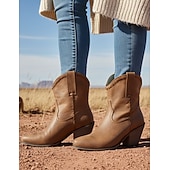 levne Cowboy &amp; Western Boots-pánské vintage hnědé kotníkové westernové boty z umělé kůže - nouzový povrch s vypletenými detaily, pohodlný blokový podpatek pro běžné i venkovní nošení