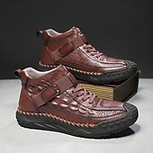 baratos Botas de cano curto-Botas masculinas de couro sintético genuíno marrom para caminhadas ao ar livre com sola antiderrapante – calçado casual para viagem e aventura