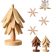 abordables Décoration de Table et de Salle à Manger-ensemble de dessous de plat en bois naturel, 3/4/5 dessous de plat en bois &amp;1 support comme un sapin de Noël, dessous de plat de cuisine pliable naturel pour casseroles, poêles, bols &amp;théières