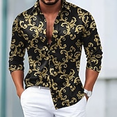 baratos Camisa de Seda Masculina-Homens Estampa floral Barroco Flores Camisa Social Blusa de cetim Saia Manga Longa Vintage retrô Férias Dia a Dia Verão Primavera Outono Aberto para a Lateral Impressão 3D Camisas de botões Preto