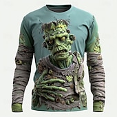 olcso Halloween pólók-Mindszentek napja Férfi Zombik 3D Póló Hosszú ujj póló 3D nyomtatás Terített nyak Ing Divat Túlzott Utca Hétköznapi Napi zöld 2# Medence Lóhere Nyár Tavasz Ősz Ruházat S M L XL XXL XXXL