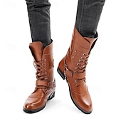 abordables Bottes de motard-Bottes de combat gothiques noires pour hommes – Chaussures de moto à lacets et tige haute avec sangles pour le punk rock, le cosplay et les soirées nocturnes