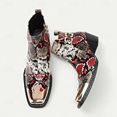 メンズの赤と黒のヘビ柄レザーブーツ - 結婚式、ギャツビーパーティー、イブニングドレスに最適な、メタルキャップ付きのエキゾチックな尖ったつま先アンクルブーツ お買い得  プレミアムレザーブーツ-メンズの赤と黒のヘビ柄レザーブーツ - 結婚式、ギャツビーパーティー、イブニングドレスに最適な、メタルキャップ付きのエキゾチックな尖ったつま先アンクルブーツ