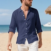 preiswerte Baumwoll-Leinenhemd-Herren Hemd Leinenhemd Freizeithemd Knopfhemd Baumwollhemd Einfach Urlaub Hawaiianisch Schwarz Weiß Gelb Marineblau Langarm Revers Frühling Herbst Bekleidung