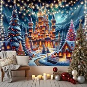 Недорогие рождественский гобелен висит-Рождественский подвесной гобелен, снежная деревня, снежный замок, большая настенная живопись, декор, одеяло, занавеска, дом для отдыха, спальня, гостиная, праздничное украшение для вечеринки,