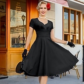 abordables Dresses-1950s Retro Vintage Midi Dress Swing Dress Flare Dress Solid Color Fit &amp; Flare V Neck Fancy Dress Women's Halloween Carnival Valentine's Day Casual Homecoming Retro Theme Party Adults' Dress Spring
