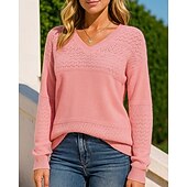 billiga Huvtröja &amp; Sweatshirt-Dam Stickad tröja Pullover tröja Ihålig Långärmad Överdelar Fritids- Höst V-hals Färgblock Mode Utomhus Resor Sport Sportkläder Sportkläder Vinrött Svart Vit