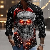 baratos Camisetas de Halloween-Halloween Homens Caveiras Chapéus de Natal Camisa Social camisa de botão Manga Longa Punk gótico escuro Ao ar livre Feriado Primavera Outono Aberto para a Lateral Impressão 3D camisas de colarinho