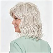 baratos peruca mais velha-Peruca feminina bob ondulada cinza prateada, cabelo sintético realista de aparência natural, resistente ao calor, comprimento dos ombros, franja lateral, elegante, uso diário, estilo fashion