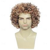 economico Parrucche storiche-parrucca afro corta da uomo, parrucca da discoteca riccia, accessorio per costume in stile anni '70 e '80 per uomo, colore misto marrone