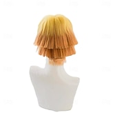 economico Parrucche Anime-Parrucca Cosplay Gialla Gradiente Arancione Capelli Ricci Corti per Uomini Parrucche di Halloween