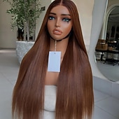 economico Parrucche lace front capelli veri-Parrucche brasiliane 100% vergini Remy con chiusura in pizzo 5x5 senza colla, parrucca frontale in pizzo 13x4 con capelli umani, parrucca castana liscia come l&#039;osso, attaccatura dei capelli naturale,