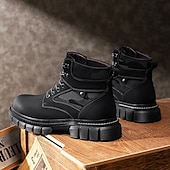 olcso Harci bakancs-Fekete műbőr férfi fűzős csizma vastag talppal és katonai stílussal – tökéletes Harley-Davidson motorosoknak, punk rockereknek, hétköznapi viseletnek és trendi utcai divatnak.