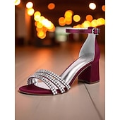 baratos cocktail-sandálias femininas de salto bloco de cetim roxo com tiras de strass - sapatos sociais elegantes e abertos para coquetéis e ocasiões formais