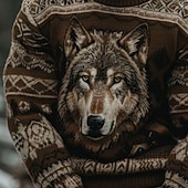 preiswerte Bedruckte Pullover für Herren-Herren Tiermotiv Wolf Pullover Fair Isle Sweater Strickware Rundhalsausschnitt Lässig Urlaub Täglich 3D-Druck warm halten Langarm Frühling Herbst Winter Braun
