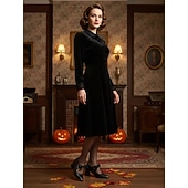  リボン付き1950年代風のブラックメリージェーンヒール。レトロなカットアウトのチャンキーヒールパンプス。デイリーヴィンテージウェアやスイングダンスに最適です。