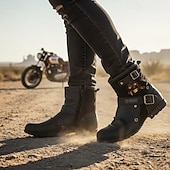 economico Stivali da motociclista-stivali da motociclista in pelle nera da uomo con cinturini con fibbia e design a teschio ricamato, resistenti ed eleganti per motociclisti e abbigliamento casual