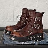 economico Stivali da motociclista-stivali da motociclista punk con lacci, fibbie e dettagli in metallo, con plateau e fiamme gotiche marroni da uomo per feste di Halloween, cosplay horror e festival a tema