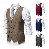 preiswerte Herrenweste-Herren Weste Gilet Urlaub Party Geschäft Mode Lässig Frühling Herbst Tasche 2 in 1 Knöpfe Polyester Bequem Einfach Einreihig Ein-Knopf V Ausschnitt Normale Passform Wein Marineblau Dunkelgray Kaffee