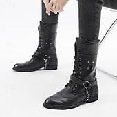 abordables Bottes de motard-Bottes de combat gothiques noires pour hommes – Chaussures de moto à lacets et tige haute avec sangles pour le punk rock, le cosplay et les soirées nocturnes