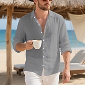 preiswerte Baumwoll-Leinenhemd-Herren Hemd Leinenhemd Freizeithemd Knopfhemd Baumwollhemd Einfach Urlaub Hawaiianisch Schwarz Weiß Gelb Marineblau Langarm Revers Frühling Herbst Bekleidung