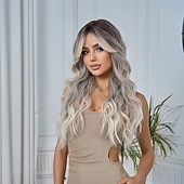 cheap Party Wigs-Women Long Ombre Grey Wavy Wigs with Black Root 26 Inch Wigs Natural Looking Synthetic Heat Resistant Fiber Wig for Daily Party Use
