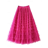 abordables Jupes de Fête-Femmes Jupe Trapèze Élégant Mode Occasionnel Maxi Taille haute Jupes Uni Superposé Micro-Élastique Soirée Rue Vin Noir Blanche Rose Printemps Chiffon Tulle
