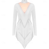 ieftine rochie de concurs-Rochie de dans latino strălucitoare pentru femei, cu mânecă lungă, cu ciucuri, cha cha, salsa, rumba, tango