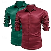 abordables Chemises en satin pour hommes-Homme Chemise Comme de la soie Chemise en satin Chemise habillée Chemise Décontractée Chemise Boutonnée Uni Formel Mariage Blanc + Vert Vert + rouge Noir + blanc Blanc + Bleu manche longue Revers