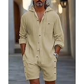 abordables Conjuntos de camisetas de hombre-Hombre Camisa de lino Trajes de camiseta Trajes de 2 piezas Camiseta y pantalones cortos Manga Larga Con Capucha Verano Primavera Plano Moda Casual 2 Piezas Abotonar Vacaciones Ropa Cotidiana Noche