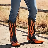 tanie Kowboj i zachodnie buty-męskie czarno-pomarańczowe kowbojskie buty do połowy łydki w stylu western - śmiały wzór płomienia z błyszczącym wykończeniem, idealne na rodeo i do modowych stylizacji