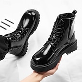 abordables Botas de combate-Botas con cordones para hombre de piel negra brillante con suela gruesa: imprescindibles para motociclistas, entusiastas del rock, estilo urbano informal y moda actual.