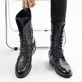 abordables Bottes de motard-Bottes de combat gothiques noires pour hommes – Chaussures de moto à lacets et tige haute avec sangles pour le punk rock, le cosplay et les soirées nocturnes