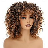 tanie Peruki historyczne-14-calowe czarno-brązowe kręcone peruki dla kobiet, krótkie, kręcone peruki afro z grzywką, naturalne, miękkie, sprężyste, puszyste, odporne na ciepło, syntetyczne włosy peruka z lat 70. na co dzień